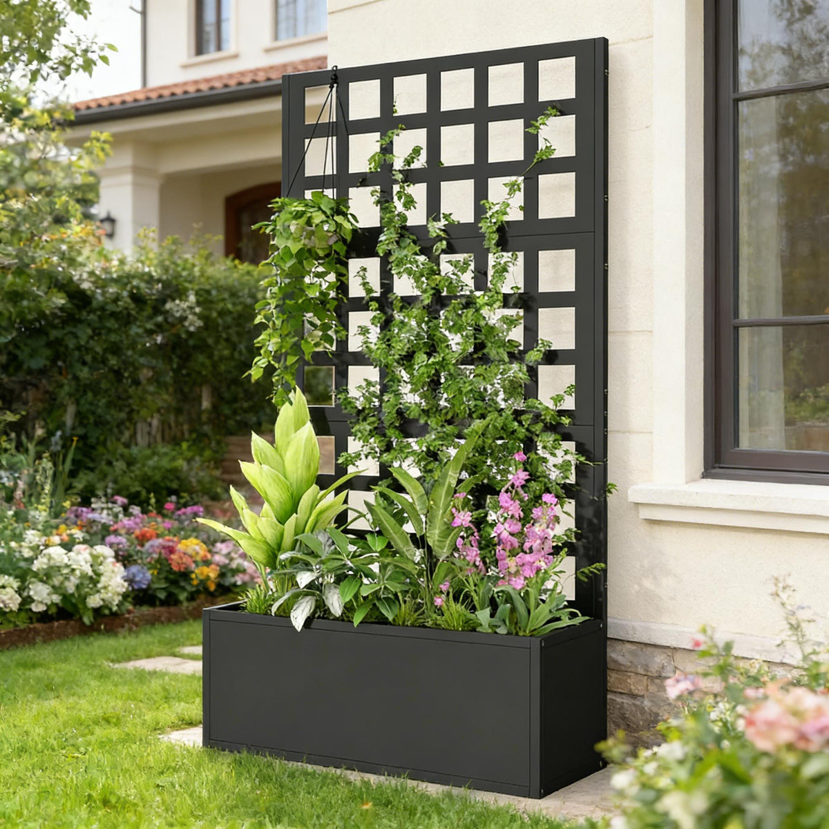 Planter Box Raised Garden Bed black metal planter with lattice trellis by HouseOfZazla on Tampa Home & Garden Store