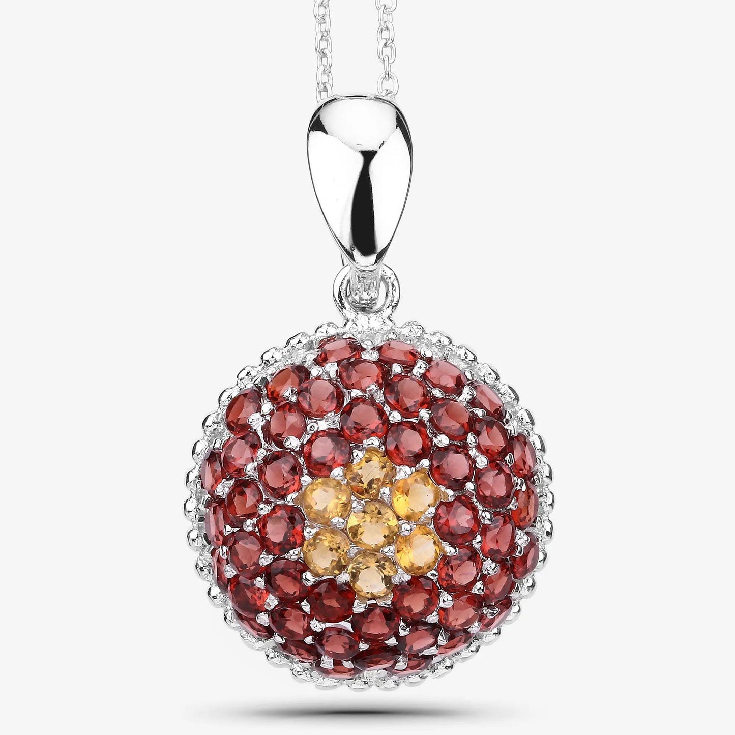 4.57ct citrine and garnet pendant in .925 silver with red garnet halo and yellow citrine center on Tampa Home & Garden Store