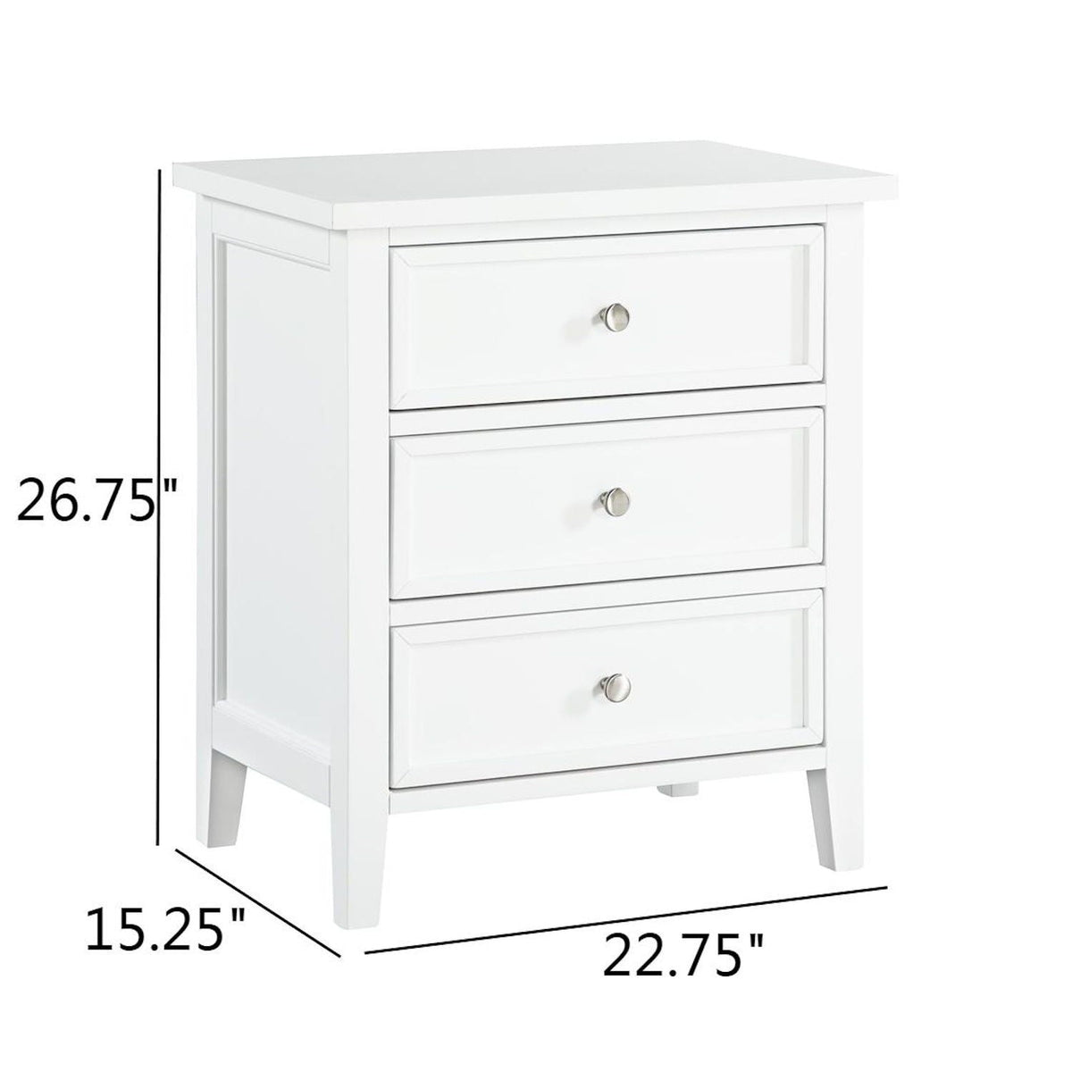 3 Drawer Nightstand with metal glides, white finish, silver knobs, tapered legs by HouseOfZazla on Tampa Home & Garden Store
