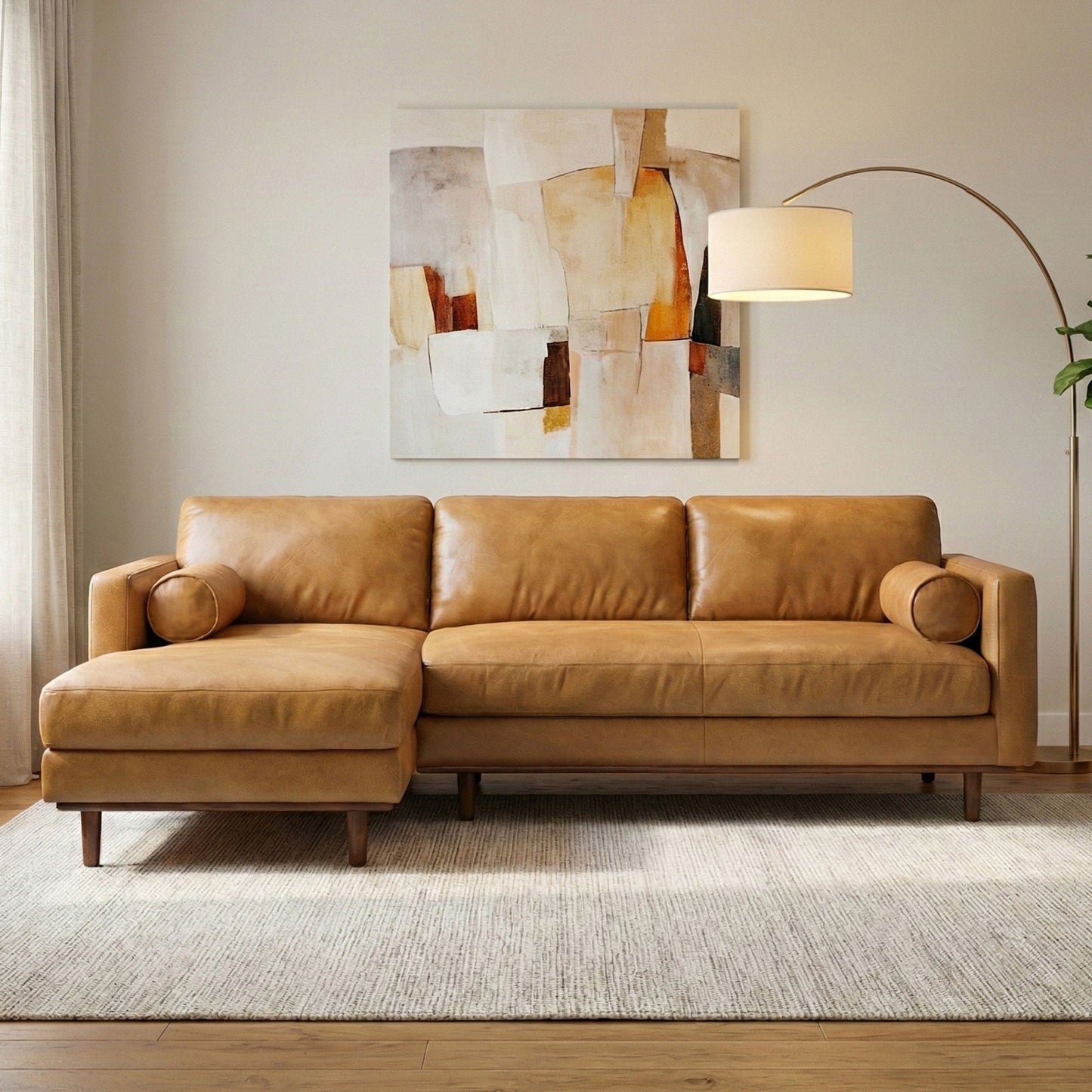 Morrison Upholstered Sectional Sofa in tan leather with matching ottoman by HouseOfZazla on Tampa Home & Garden Store