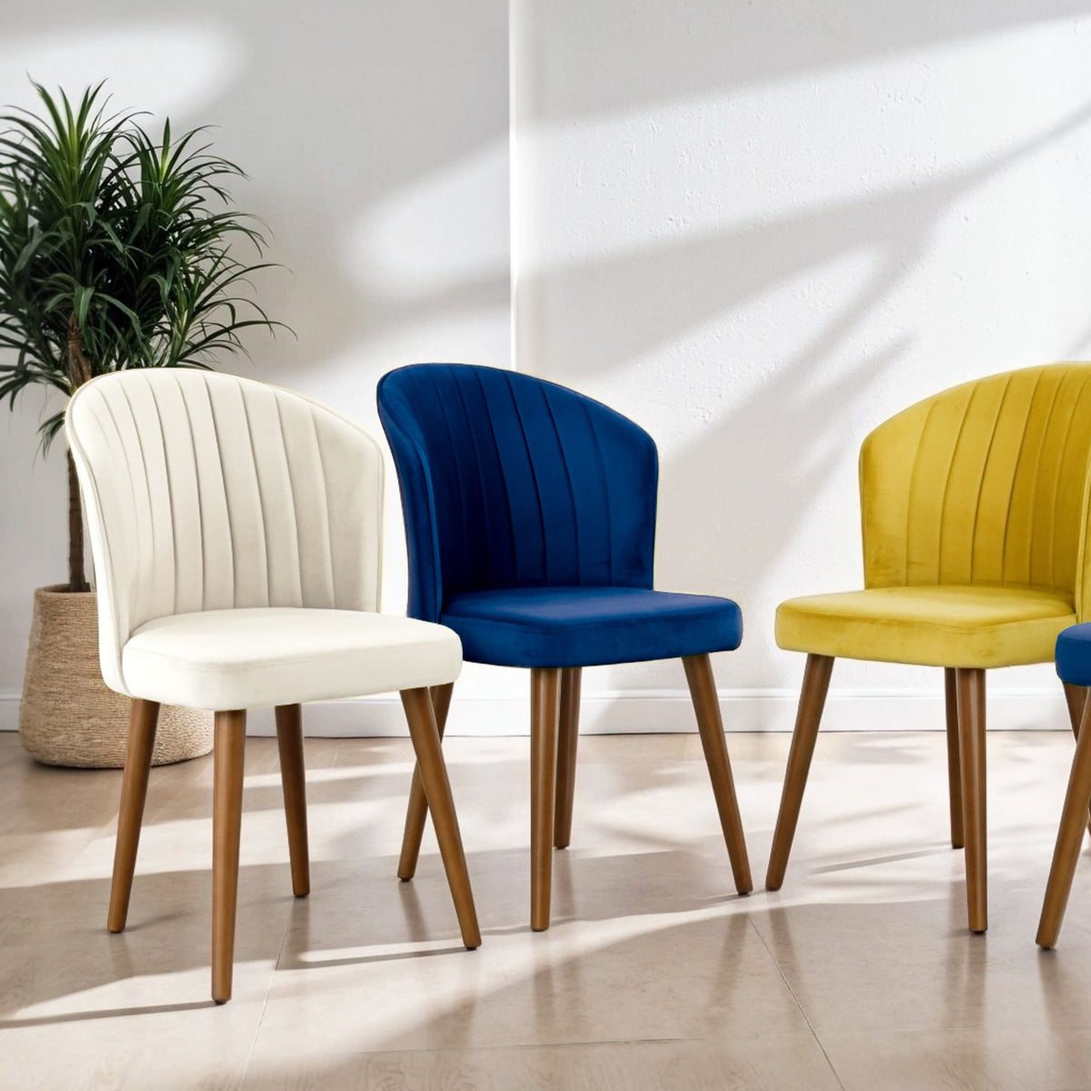 Parsons dining chair set in beige, blue, and yellow with wooden legs on Tampa Home & Garden Store