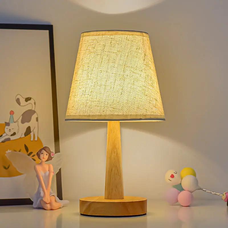 Simple Modern Creative LED bedside table lamp with dimming remote, solid wood base, beige shade on Tampa Home & Garden Store