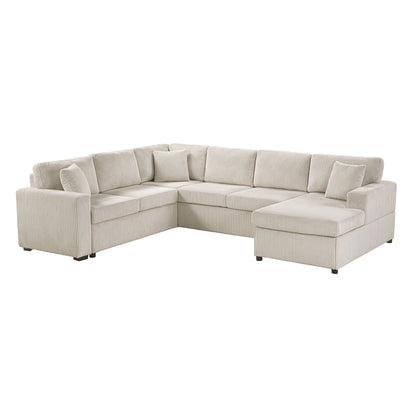 Oversized U-shaped sectional sofa with chaise in beige corduroy and 3 soft throw pillows on Tampa Home & Garden Store