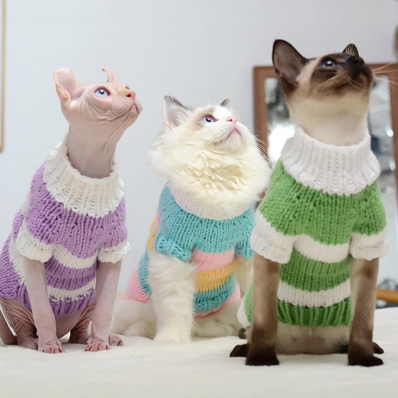 Hairless Cat Warm Sweater by Pet Zen; three cats in pastel knits: purple, blue, green on Tampa Home & Garden Store