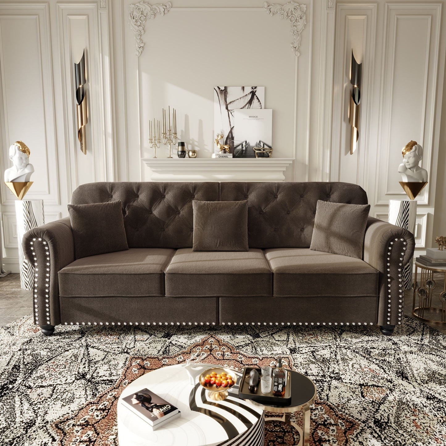 Upholstered Sofa Set with Nailhead and Pillows