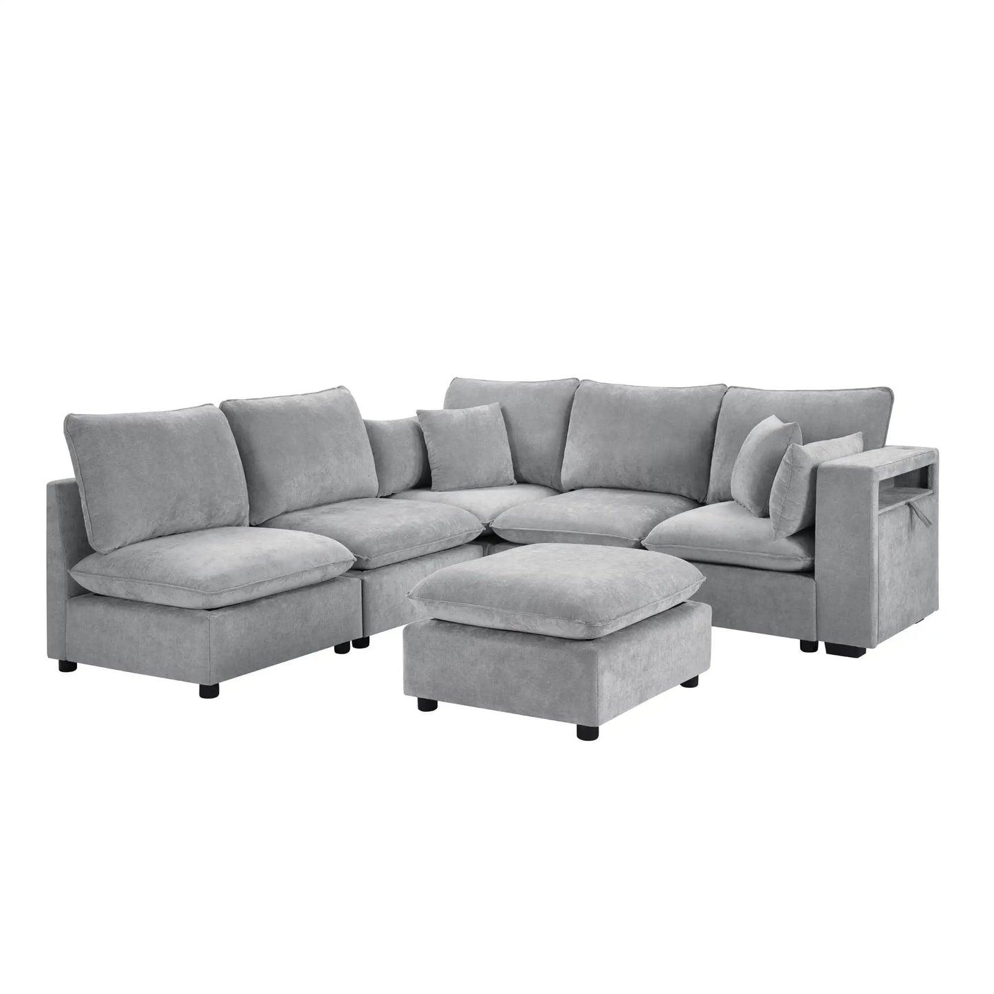 Modern U-shaped sectional sofa in gray fabric with movable ottoman and storage armrests on Tampa Home & Garden Store