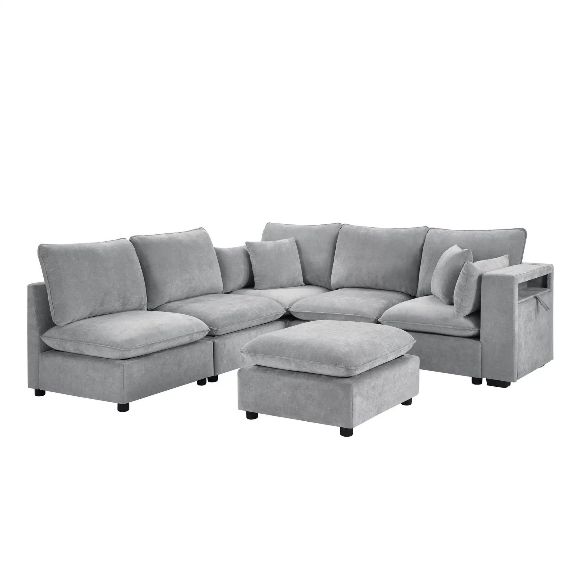 Modern U-shaped sectional sofa in gray fabric with movable ottoman and storage armrests on Tampa Home & Garden Store