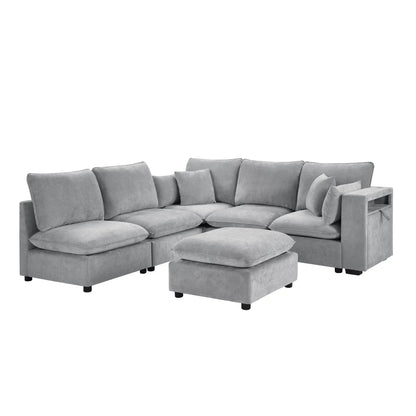 Modern U-shaped sectional sofa in gray fabric with movable ottoman and storage armrests on Tampa Home & Garden Store