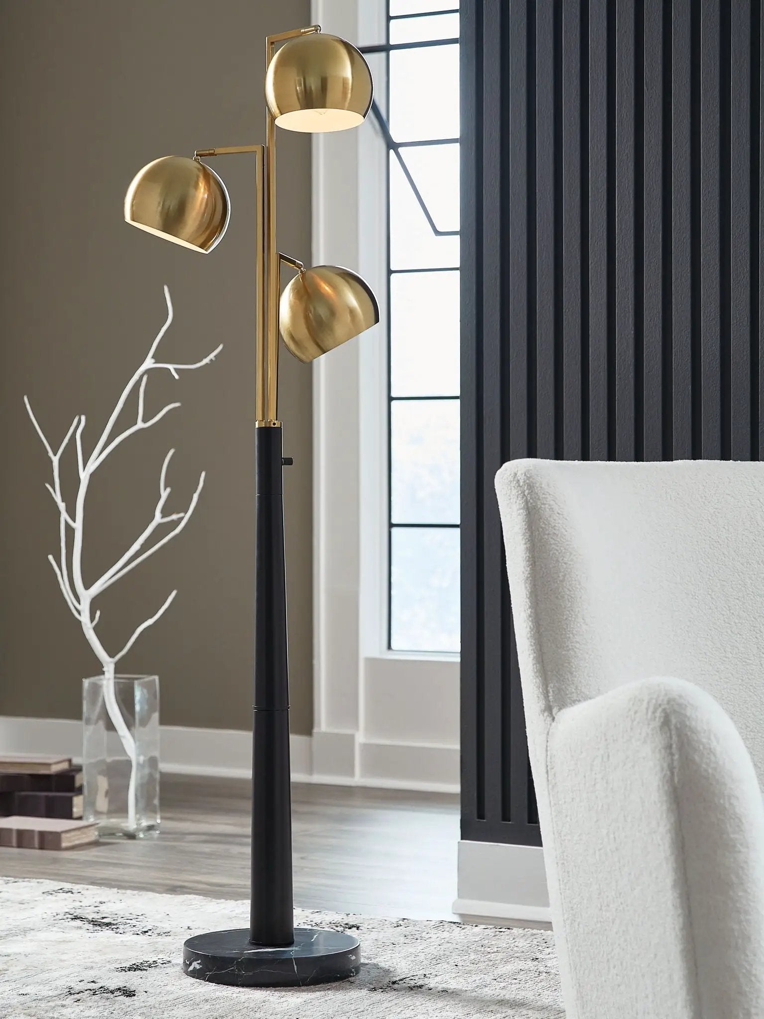 Sorcha metal floor lamp with black stem and gold dome shades; 3 lights by Unique Piece Furniture on Tampa Home & Garden Store