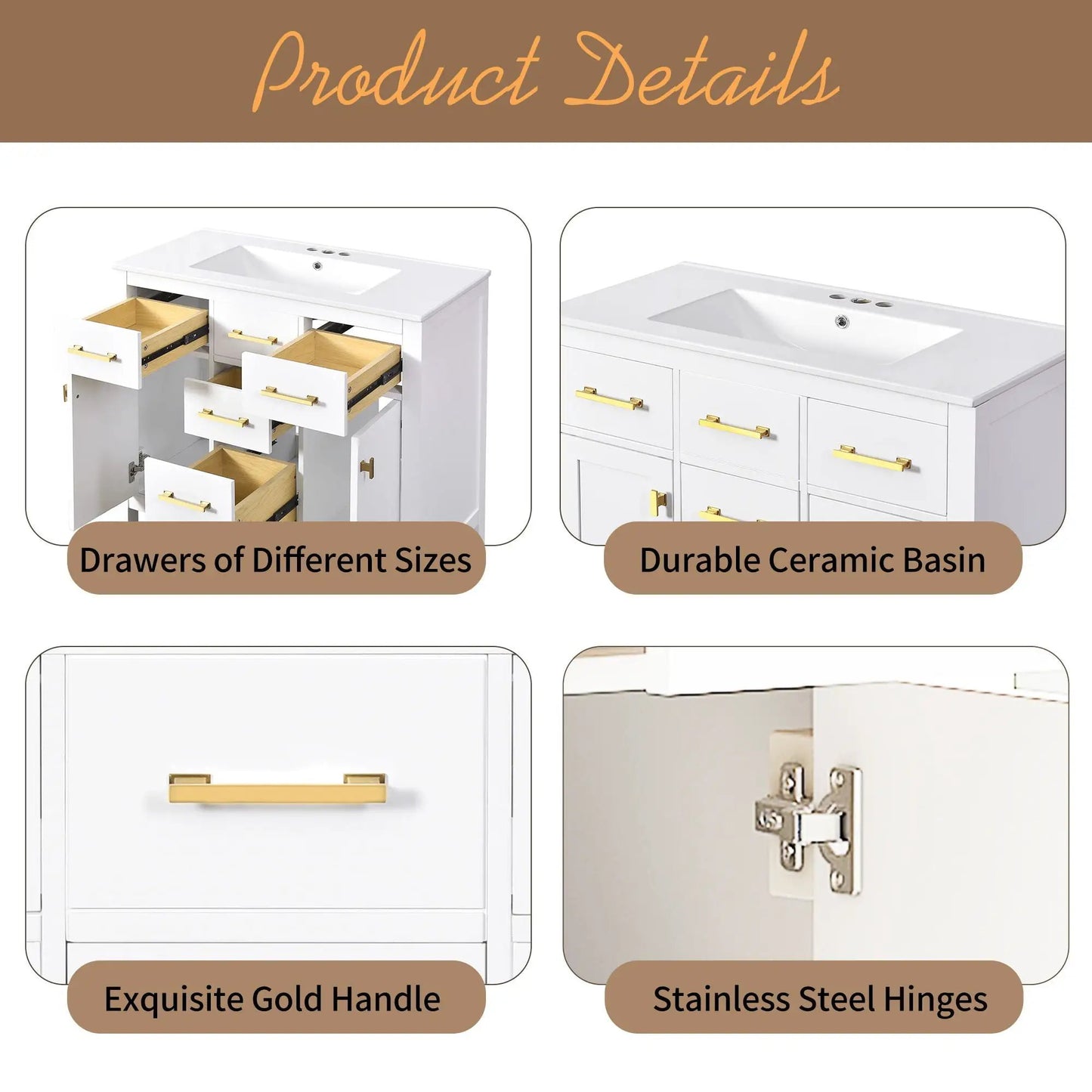 Bathroom vanity with sink, cabinet with 4 drawers, gold handles Unique Piece Furniture on Tampa Home & Garden Store