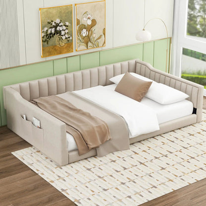 Daybed With Side Storage Pocket in beige upholstery with mint green headboard on Tampa Home & Garden Store