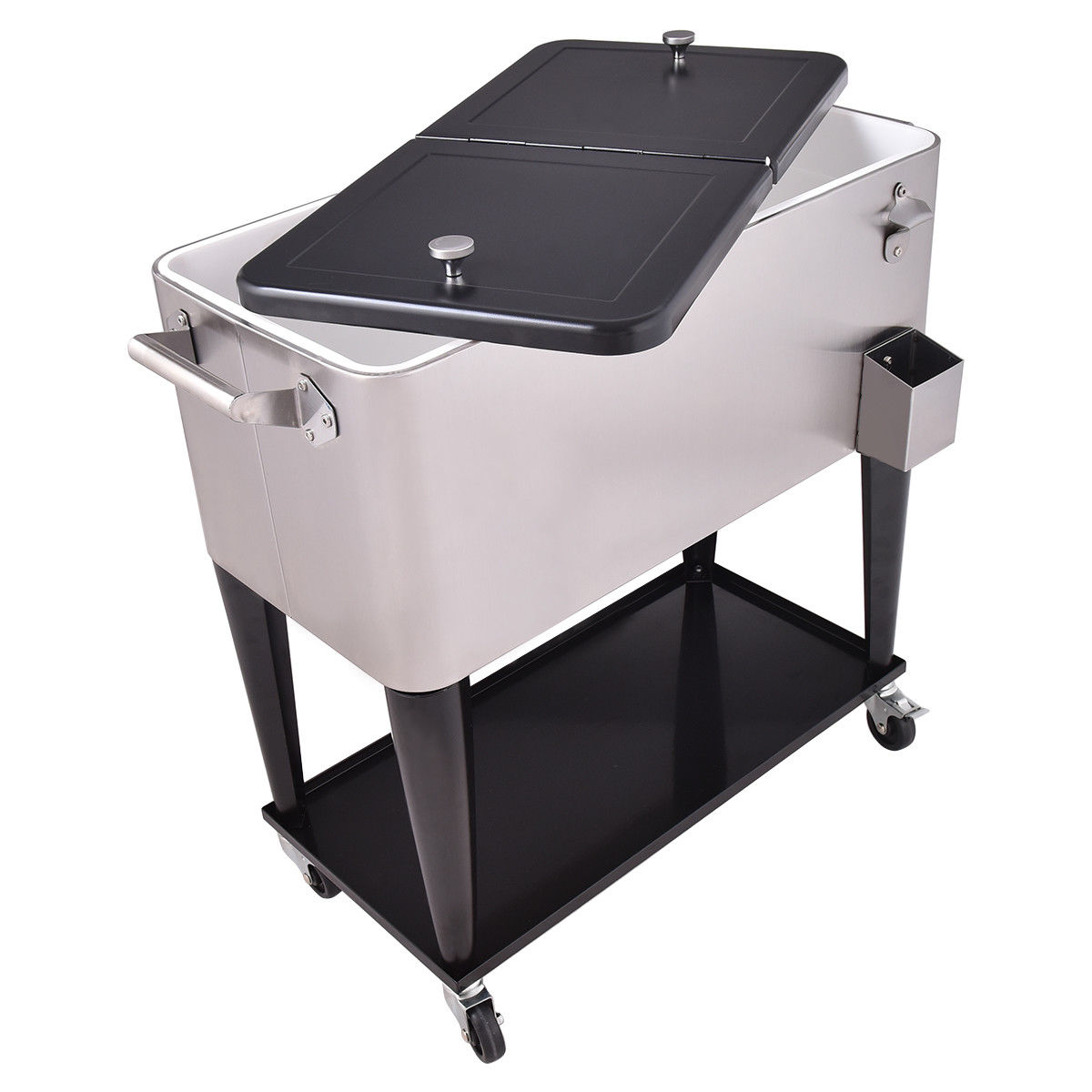 80 Quart Patio Rolling Stainless Steel Ice Beverage Cooler GemGear with black lids on Tampa Home & Garden Store