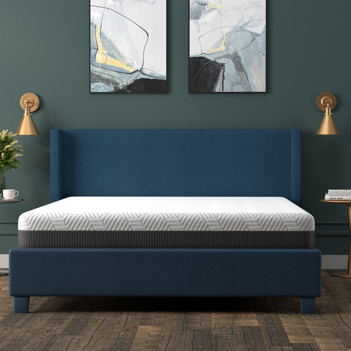 Omne Fria 8-Inch Queen Firm Mattress with Cooling Cover by HouseOfZazla on blue upholstered bed on Tampa Home & Garden Store