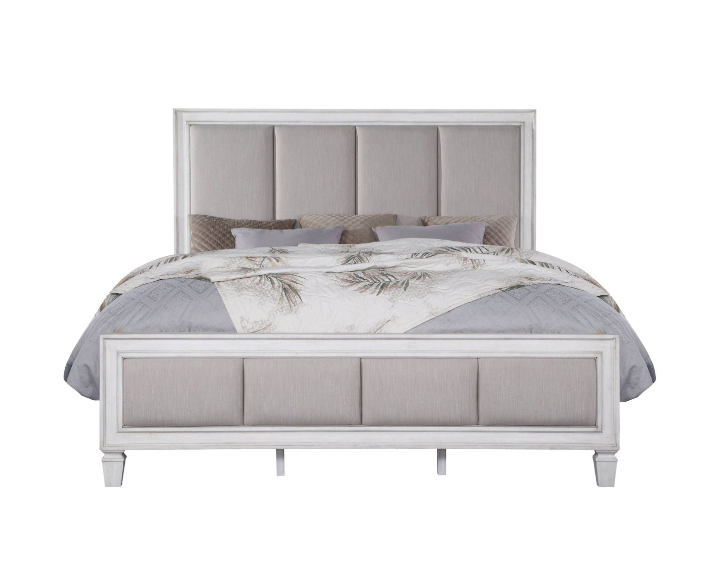Katia Upholstered Bed by HouseOfZazla, light gray linen upholstery, whitewashed frame on Tampa Home & Garden Store