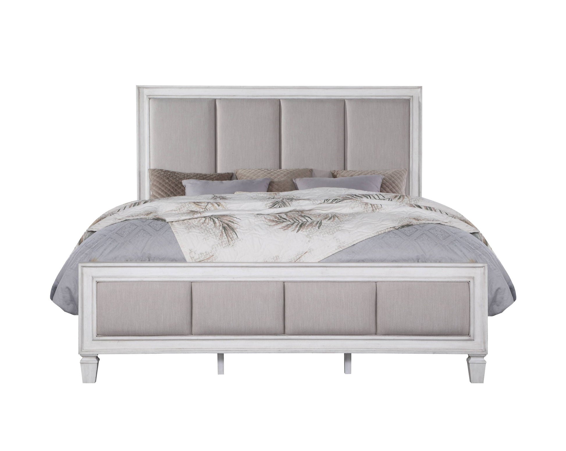 Katia Upholstered Bed by HouseOfZazla, light gray linen upholstery, whitewashed frame on Tampa Home & Garden Store
