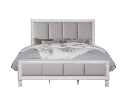 Katia Upholstered Bed by HouseOfZazla, light gray linen upholstery, whitewashed frame on Tampa Home & Garden Store