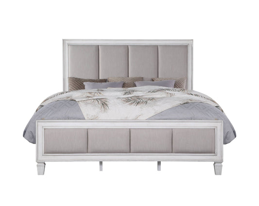 Katia Upholstered Bed by HouseOfZazla, light gray linen upholstery, whitewashed frame on Tampa Home & Garden Store