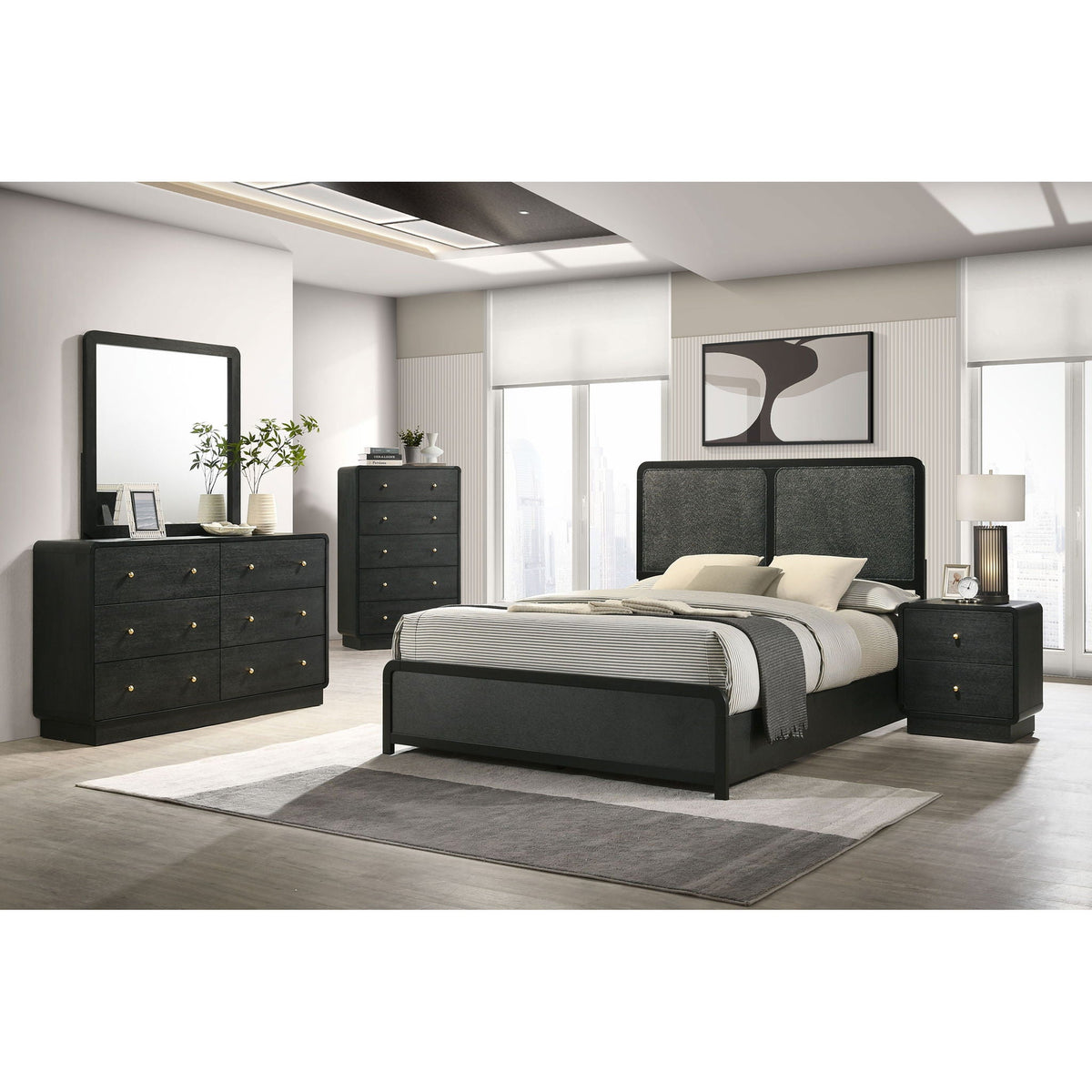 Burton bed with upholstered headboard black panel bed by HouseOfZazla with black dressers on Tampa Home & Garden Store