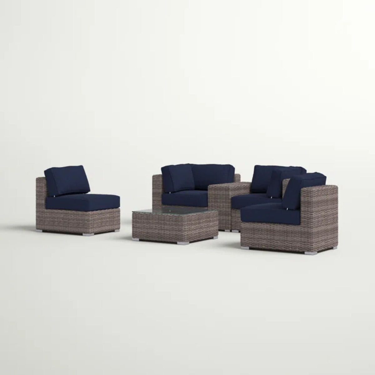 3-piece wicker outdoor seating group with navy cushions and glass-top table by HouseOfZazla on Tampa Home & Garden Store