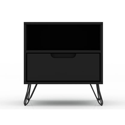 Rockefeller Nightstand black finish with open shelf, 1-drawer, splayed legs by HouseOfZazla on Tampa Home & Garden Store
