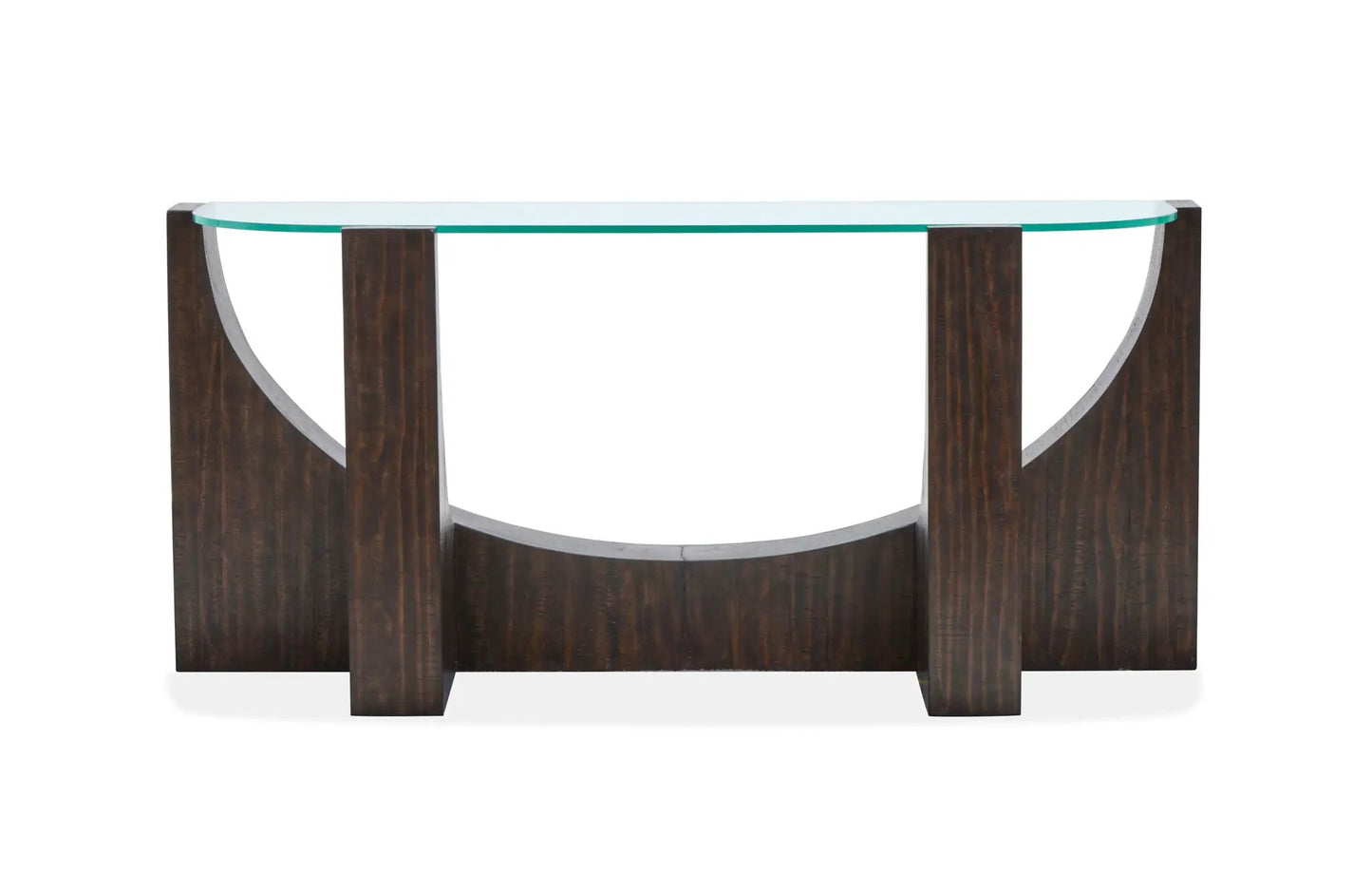 Beckham end table by Unique Piece Furniture with dark wood base, glass top, curved metal arches on Tampa Home & Garden Store