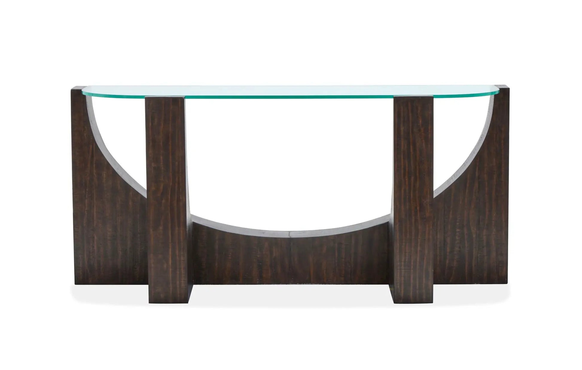 Beckham end table by Unique Piece Furniture with dark wood base, glass top, curved metal arches on Tampa Home & Garden Store
