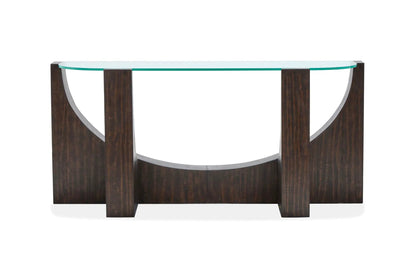 Beckham end table by Unique Piece Furniture with dark wood base, glass top, curved metal arches on Tampa Home & Garden Store
