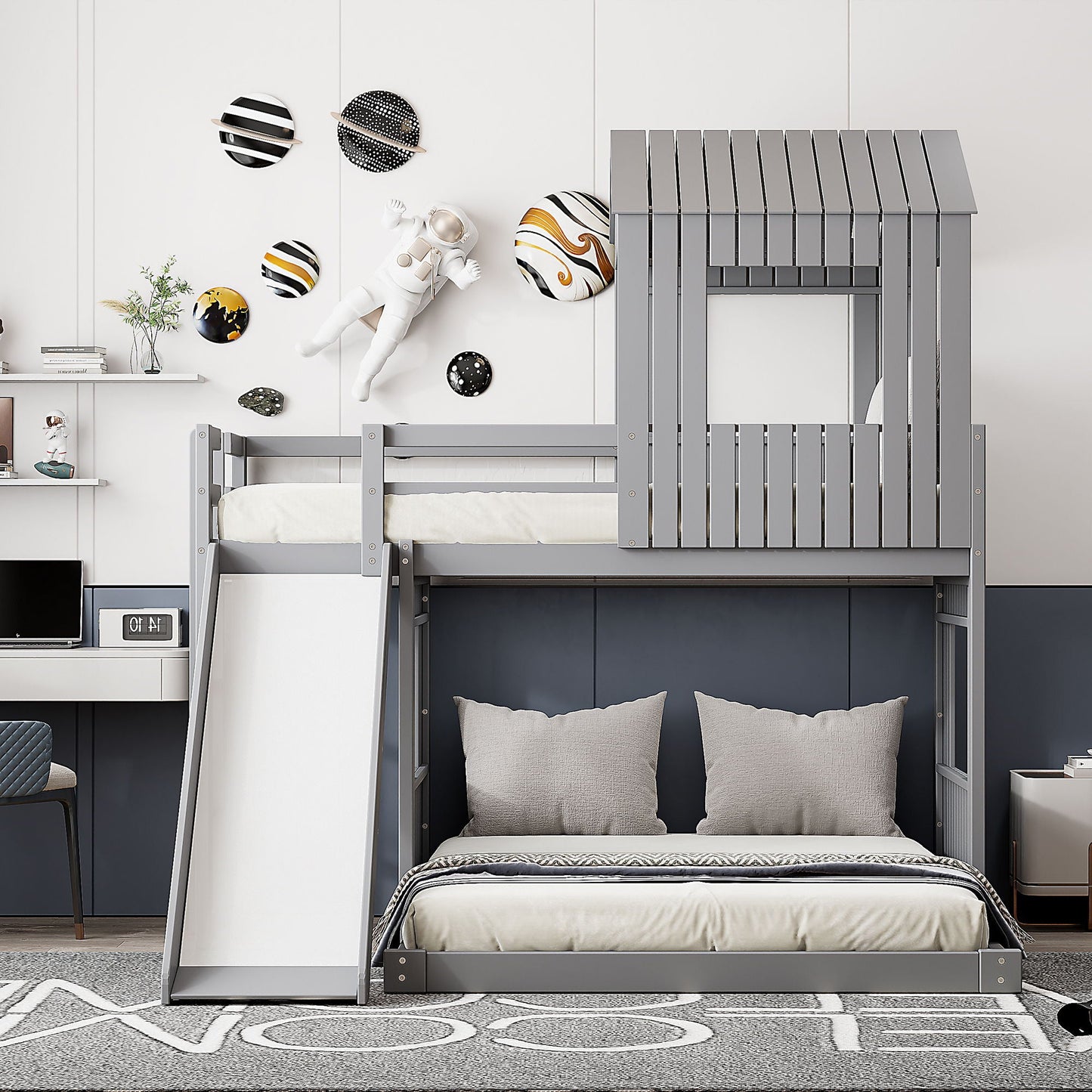 HouseOfZazla loft bunk bed with playhouse in gray metal, built-in ladder and guardrails on Tampa Home & Garden Store