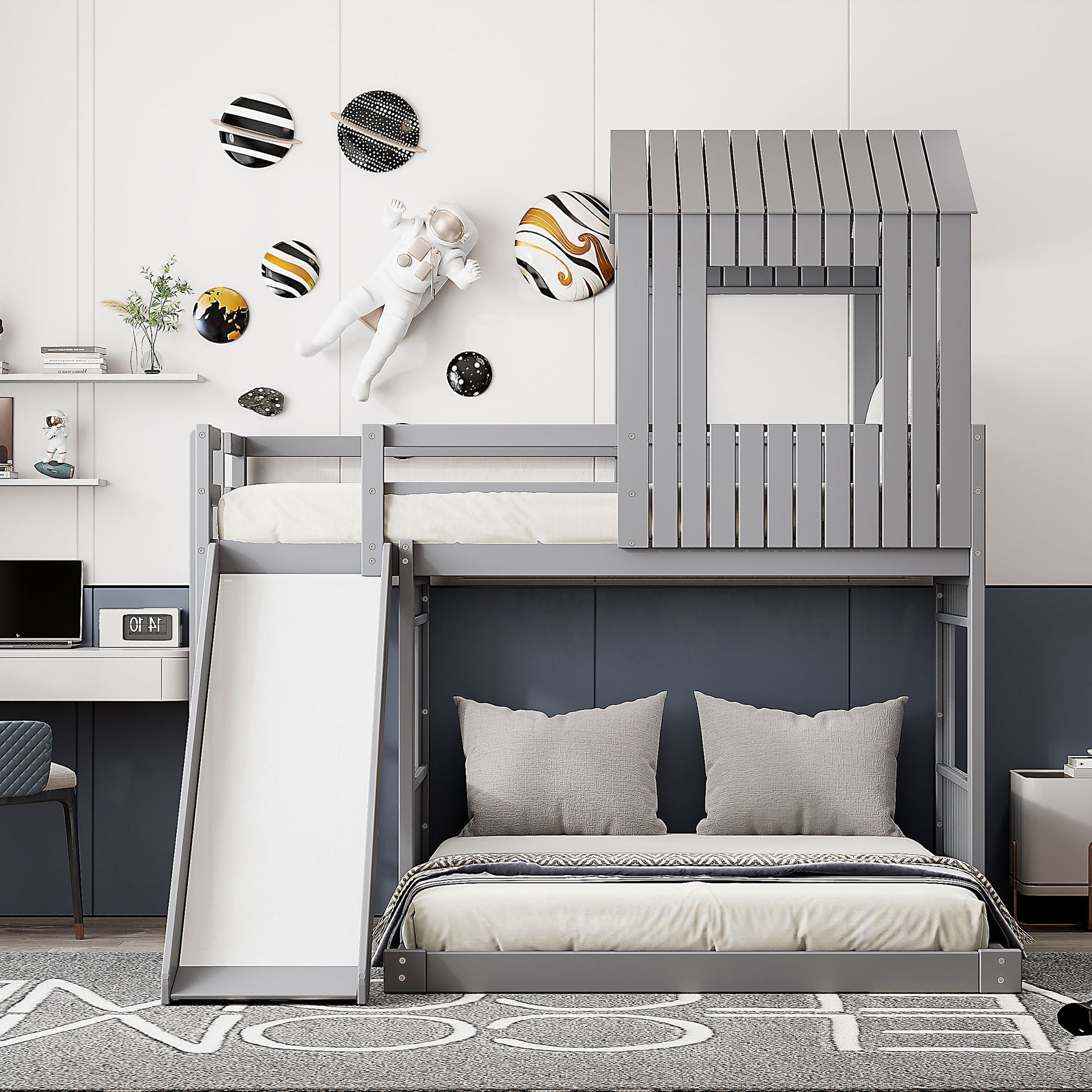 HouseOfZazla loft bunk bed with playhouse in gray metal, built-in ladder and guardrails on Tampa Home & Garden Store