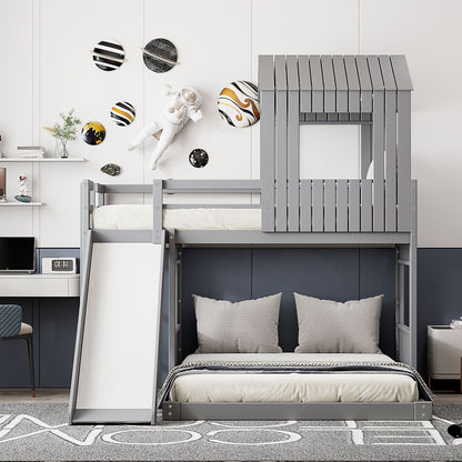 HouseOfZazla loft bunk bed with playhouse in gray metal, built-in ladder and guardrails on Tampa Home & Garden Store