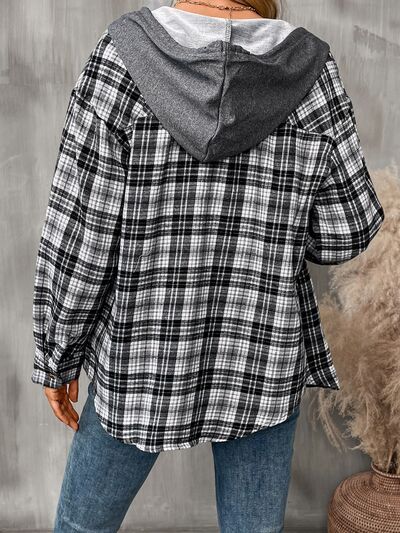 Plaid hooded jacket for women by Stevvex, cotton-blend outerwear with gray hood rear view on Tampa Home & Garden Store