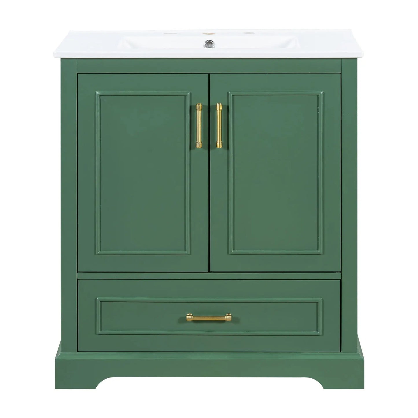 Green vanity with white countertop, divided drawer and 2 softclose doors with brass hardware on Tampa Home & Garden Store