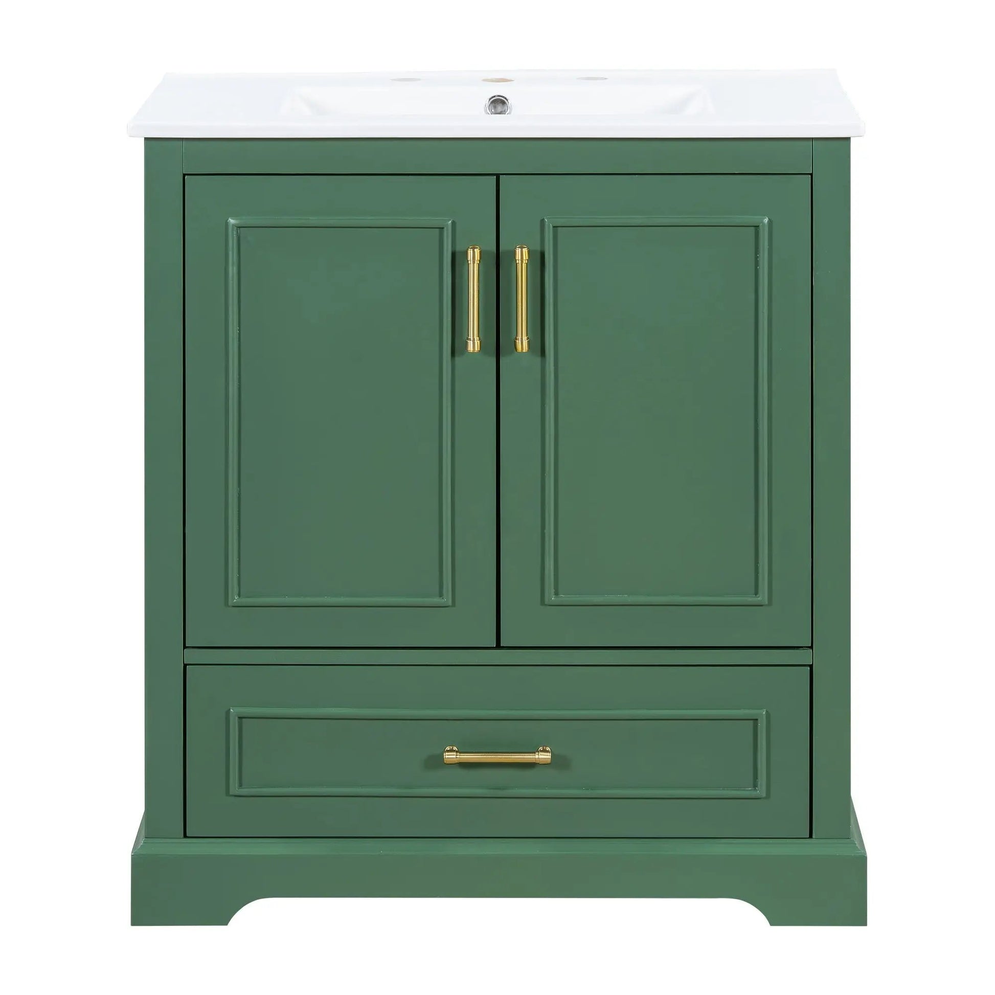 Green vanity with white countertop, divided drawer and 2 softclose doors with brass hardware on Tampa Home & Garden Store