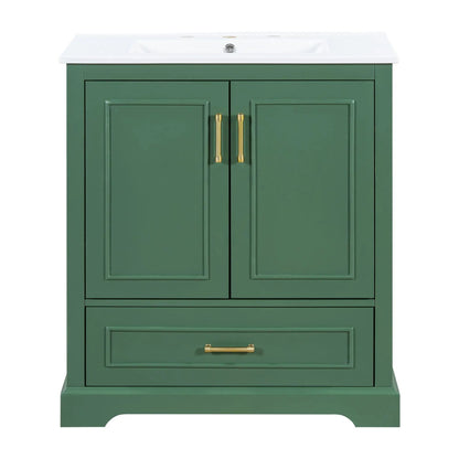 Green vanity with white countertop, divided drawer and 2 softclose doors with brass hardware on Tampa Home & Garden Store