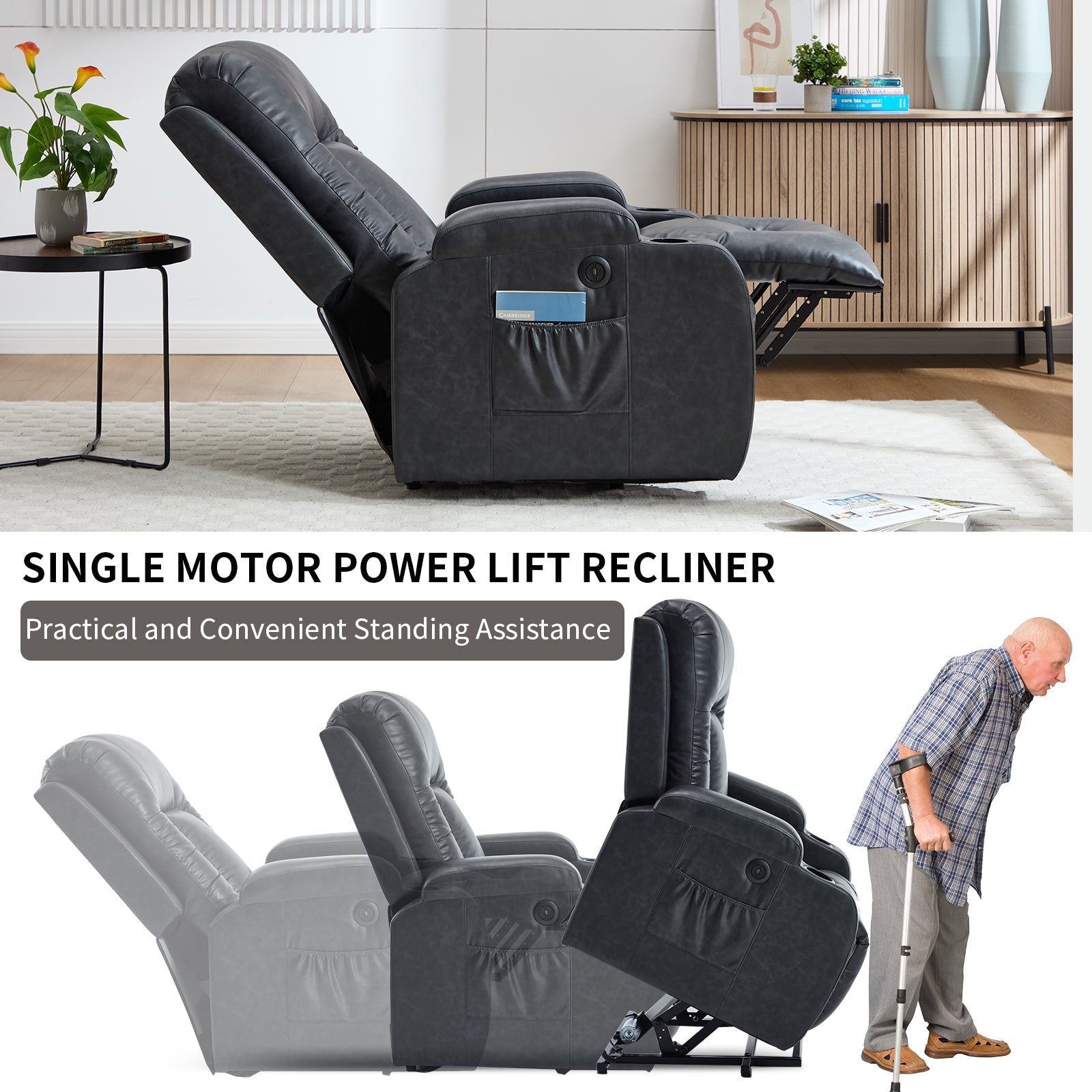 HouseOfZazla dark power-lift recliner in black faux leather with side pocket on Tampa Home & Garden Store