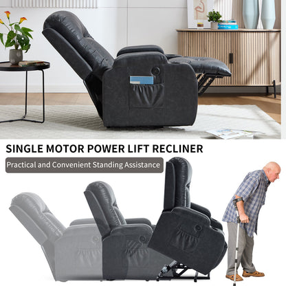 HouseOfZazla dark power-lift recliner in black faux leather with side pocket on Tampa Home & Garden Store