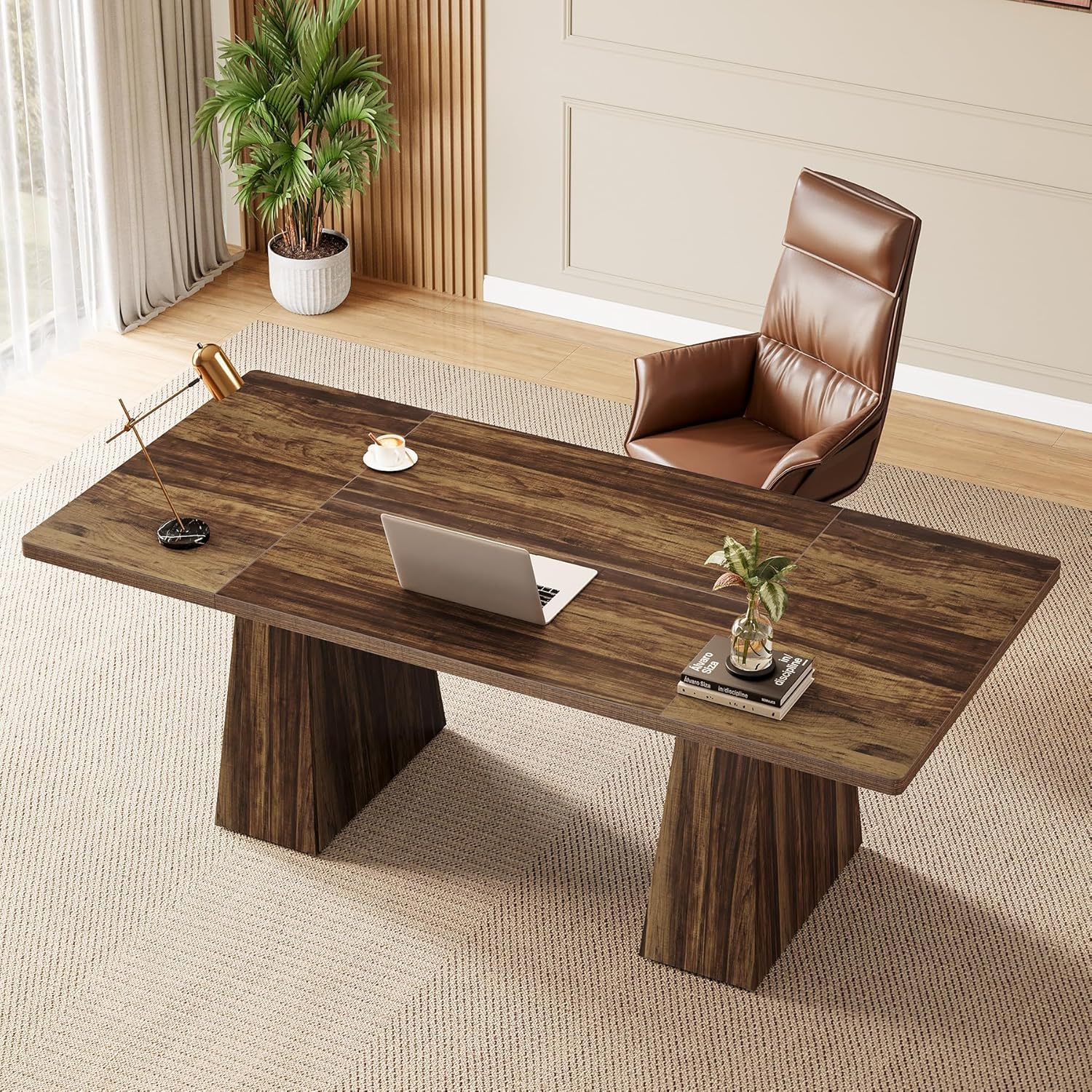 Executive Desk, Workstation With Double Trapezoid Base in dark wood finish with laptop on top on Tampa Home & Garden Store