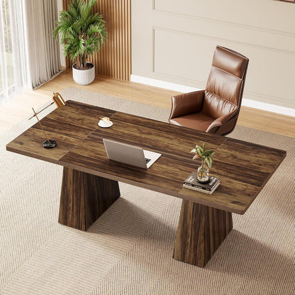 Executive Desk, Workstation With Double Trapezoid Base in dark wood finish with laptop on top on Tampa Home & Garden Store