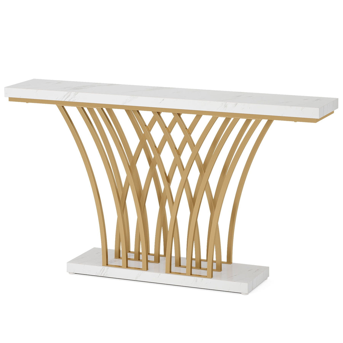 White & Gold console table with faux marble top and gold grid base by HouseOfZazla on Tampa Home & Garden Store