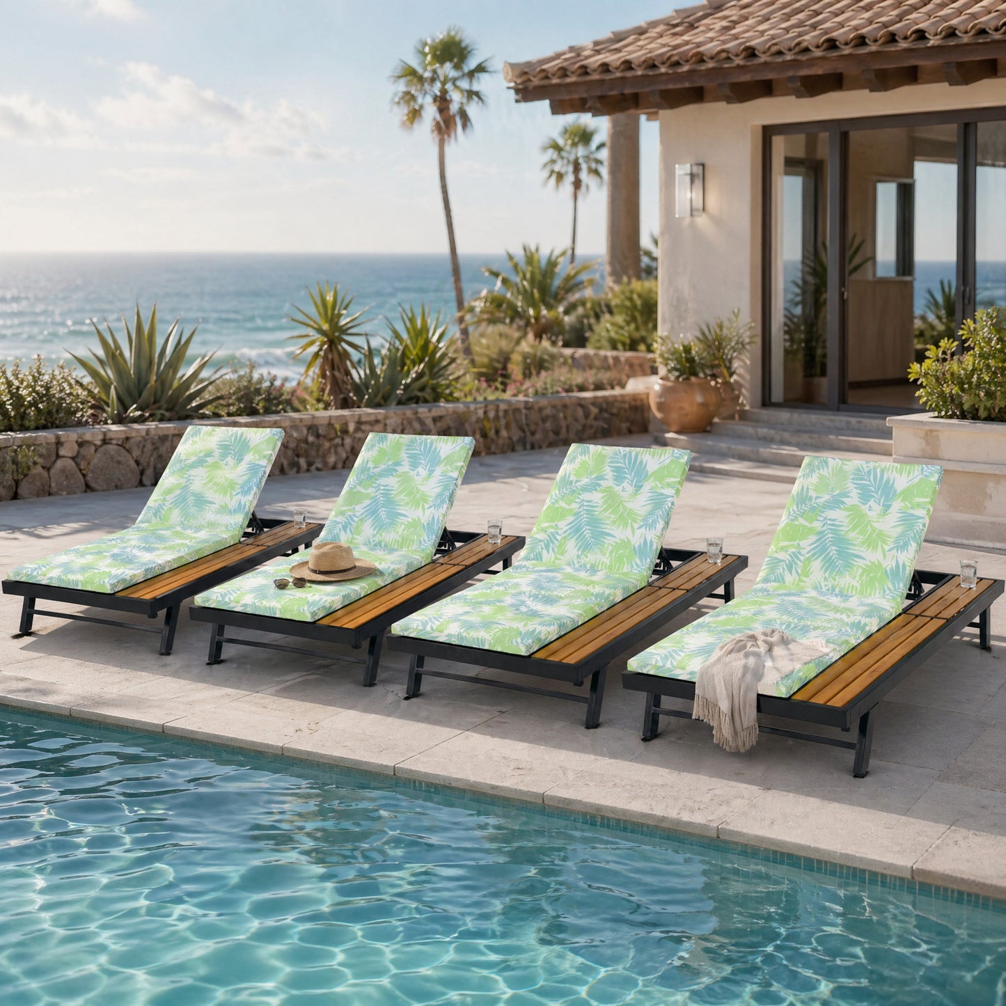 Black Iron and Teak Outdoor Chaise Lounge Set
