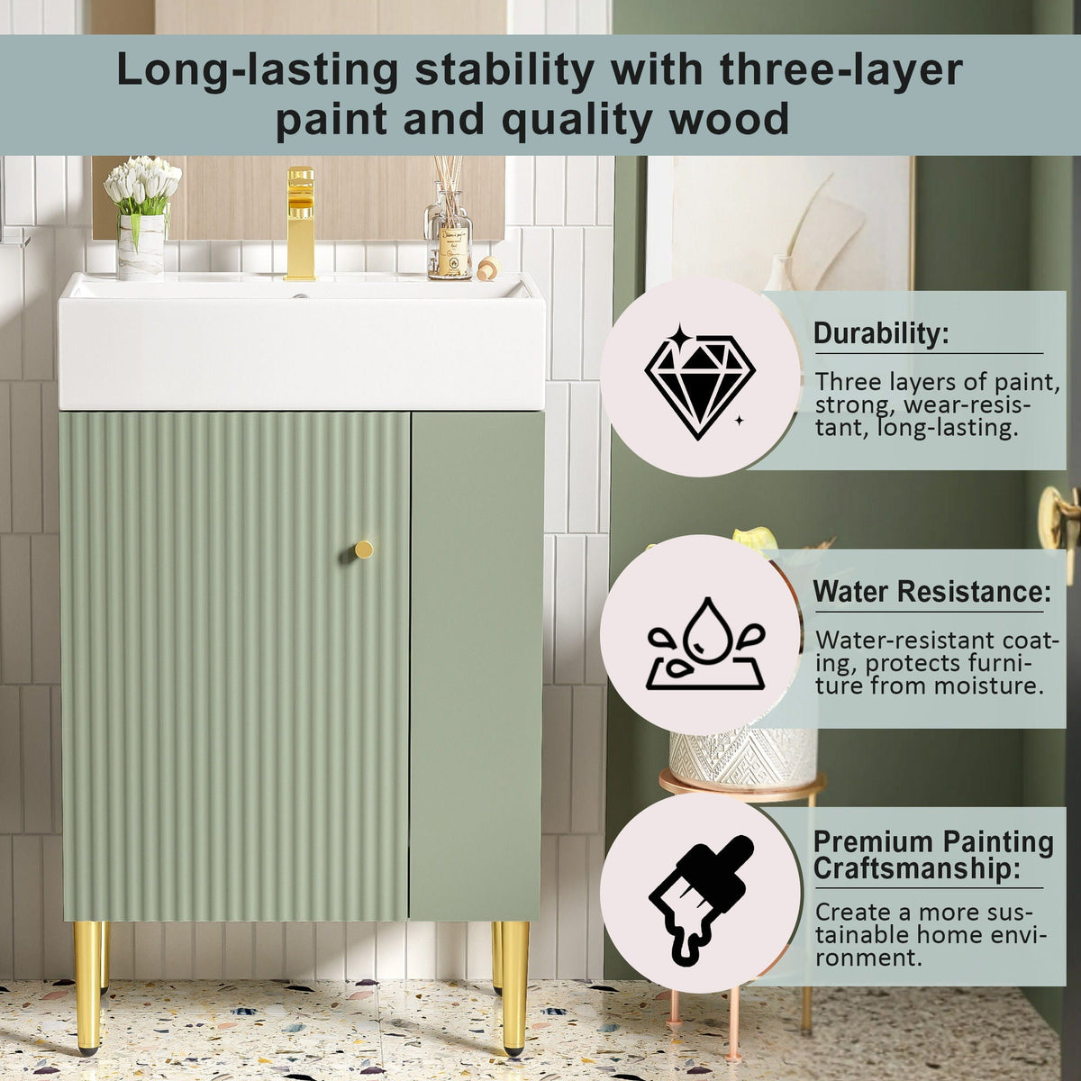 Bathroom vanity by HouseOfZazla with single ceramic sink and side storage in sage green, legs on Tampa Home & Garden Store