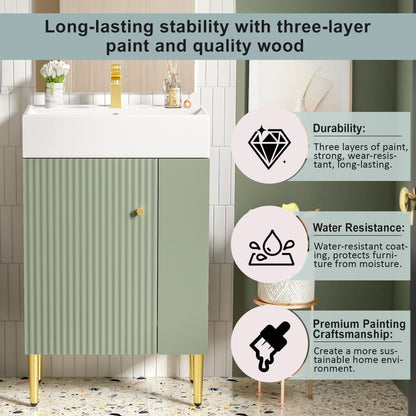 Bathroom vanity by HouseOfZazla with single ceramic sink and side storage in sage green, legs on Tampa Home & Garden Store