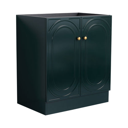 Freestanding bathroom vanity with soft-close doors in dark teal, gold knobs, HouseOfZazla on Tampa Home & Garden Store