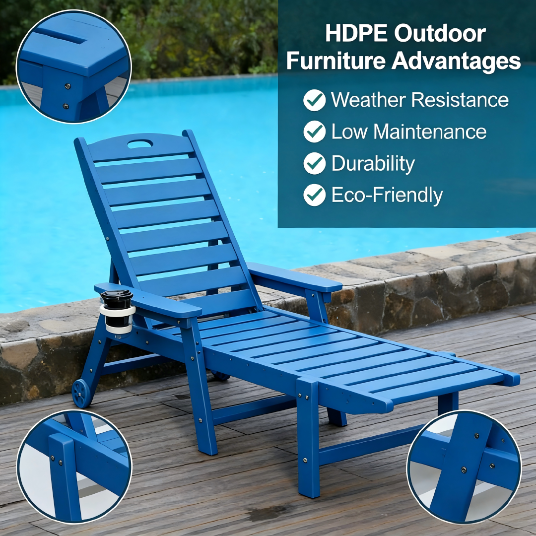 HDPE Chaise Lounge Chair blue by HouseOfZazla with adjustable backrest and cup holder on Tampa Home & Garden Store