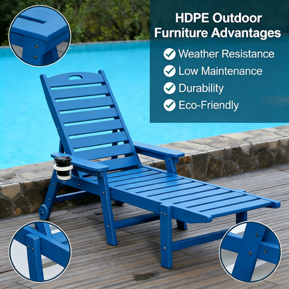 HDPE Chaise Lounge Chair blue by HouseOfZazla with adjustable backrest and cup holder on Tampa Home & Garden Store