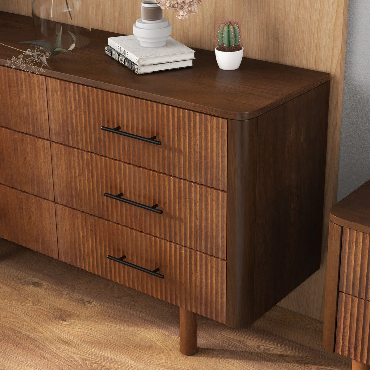 Brown 6-drawer dresser in walnut finish, solid wood with grooved drawer fronts on Tampa Home & Garden Store