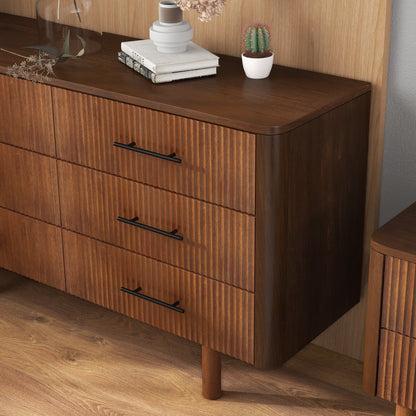Brown 6-drawer dresser in walnut finish, solid wood with grooved drawer fronts on Tampa Home & Garden Store