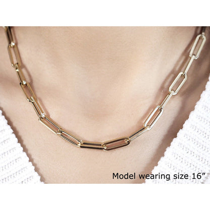 14K yellow gold wide paperclip chain necklace 6.1mm on model's neck on Tampa Home & Garden Store