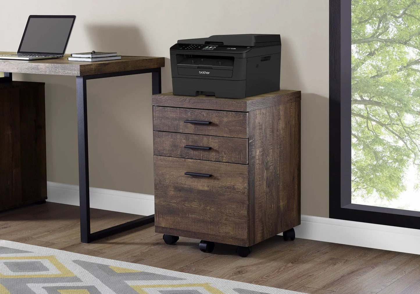 Printer stand file cabinet with wood finish, four-drawer casters, Brother printer on top on Tampa Home & Garden Store