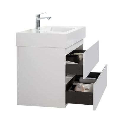 Modern floating bathroom vanity with large storage, white gloss finish, chrome faucet on Tampa Home & Garden Store